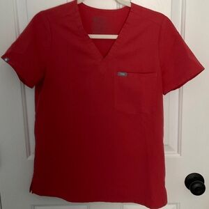 Coral Red V-Neck Scrub Top with Chest Pocket
